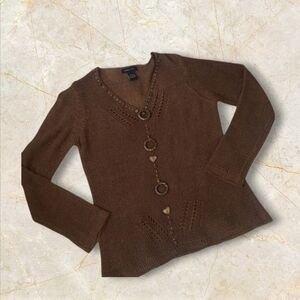 BCBGMaxAzria Boho Brown Crochet Open Knit Pullover Top V-neck Sweater Wood